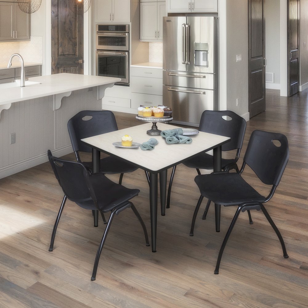 36 in. Square Breakroom Table- Maple Top, Black Base & 4 M Stack Chairs- Black