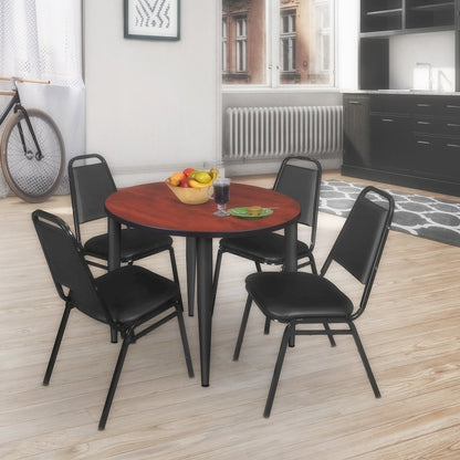 36 Round Breakroom Table- Cherry Top, Black Base & 4 Stack Chairs- Black