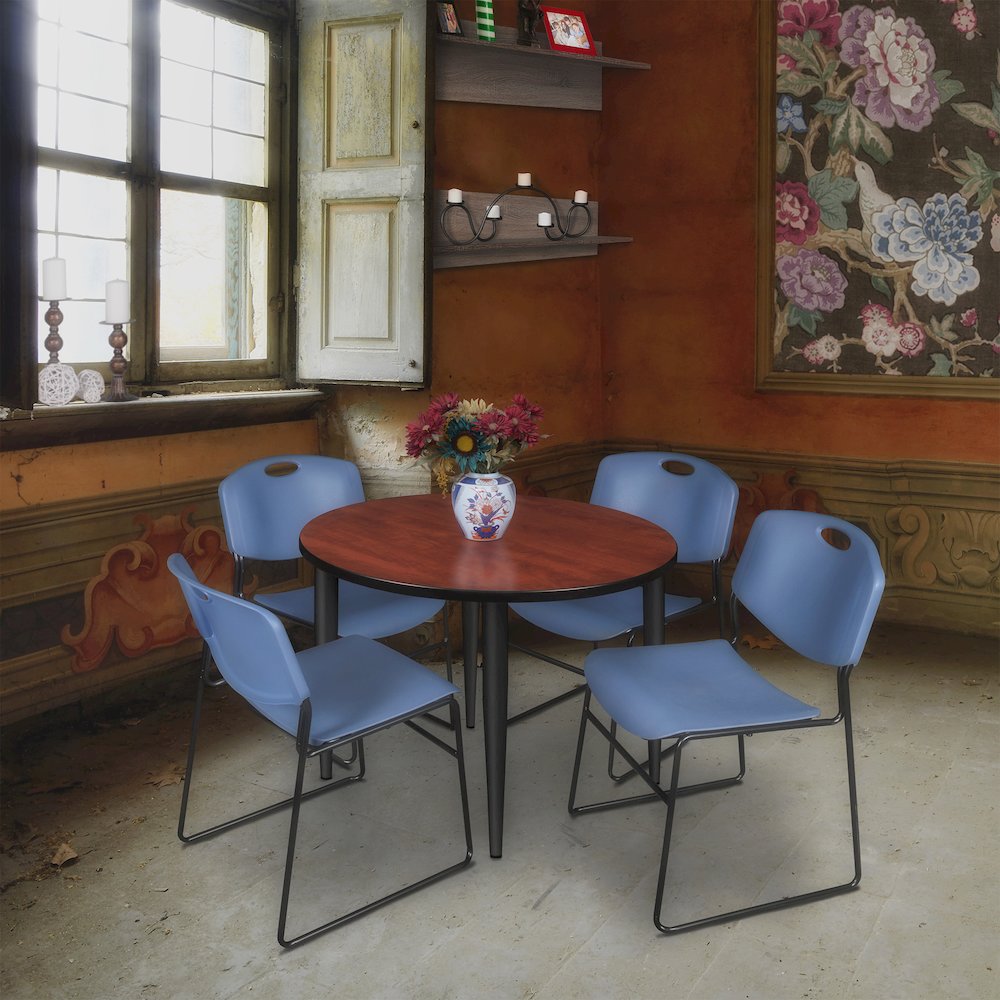 36 in. Round Breakroom Table- Cherry Top, Black Base & 4 Zeng Stack Chairs- Blue