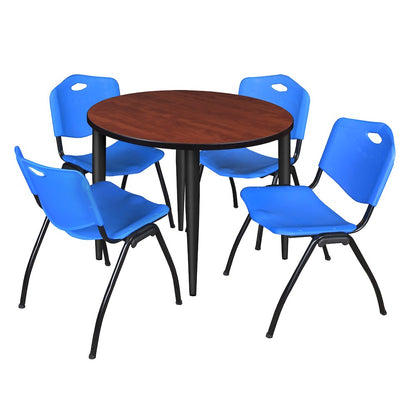 36 in. Round Breakroom Table- Cherry Top, Black Base & 4 M Stack Chairs- Blue