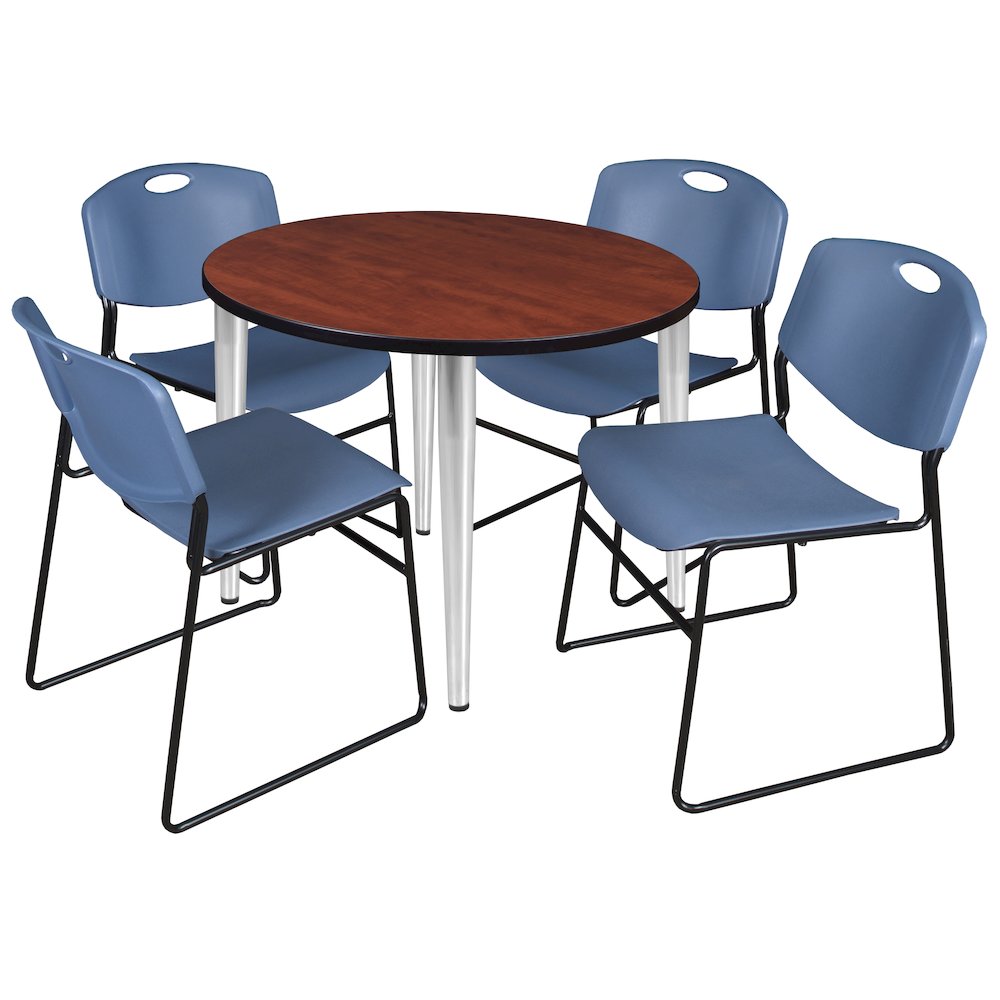 36 Round Breakroom Table- Cherry Top, Chrome Base & 4 Zeng Stack Chairs- Blue