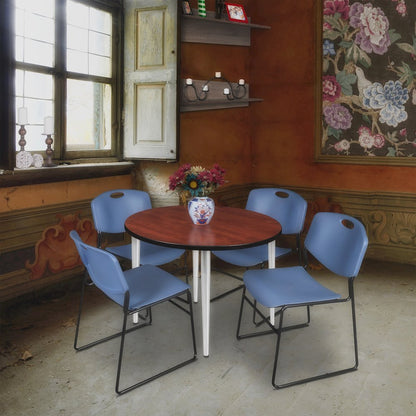 36 Round Breakroom Table- Cherry Top, Chrome Base & 4 Zeng Stack Chairs- Blue