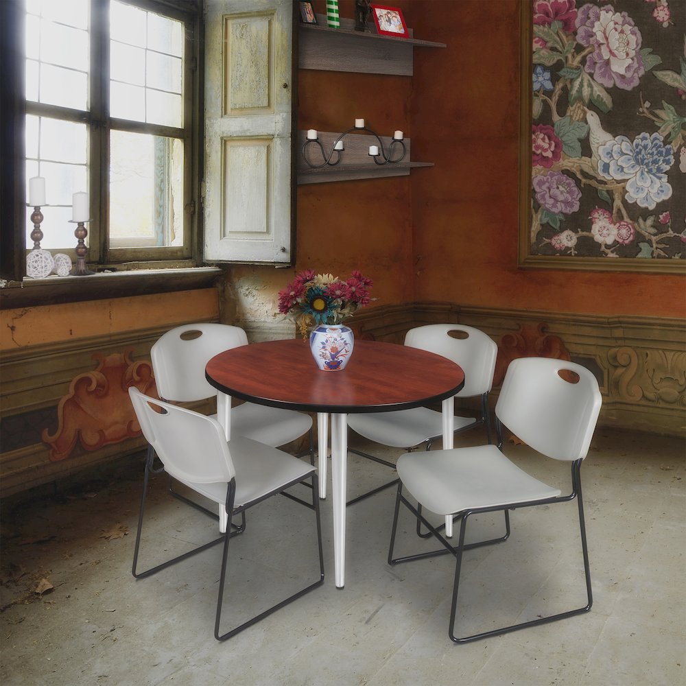36 Round Breakroom Table- Cherry Top, Chrome Base & 4 Zeng Stack Chairs- Grey