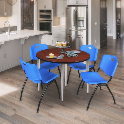 36 in. Round Breakroom Table- Cherry Top, Chrome Base & 4 M Stack Chairs- Blue