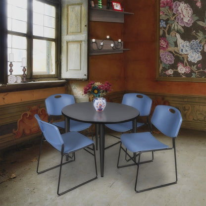 36 in. Round Breakroom Table- Grey Top, Black Base & 4 Zeng Stack Chairs- Blue