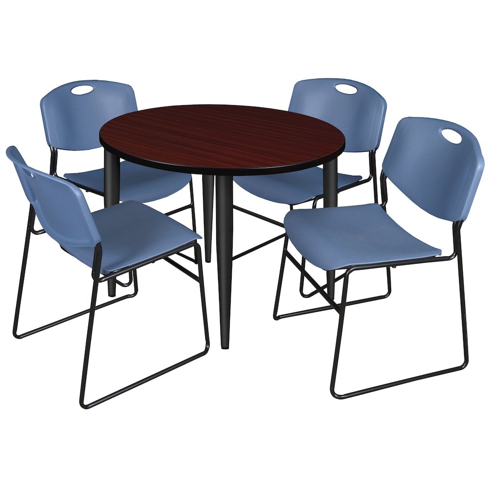 36 Round Breakroom Table- Mahogany Top, Black Base & 4 Zeng Stack Chairs- Blue