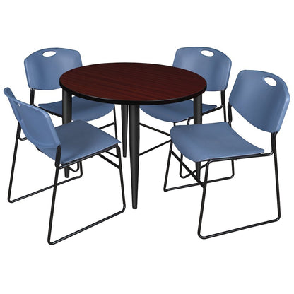 36 Round Breakroom Table- Mahogany Top, Black Base & 4 Zeng Stack Chairs- Blue