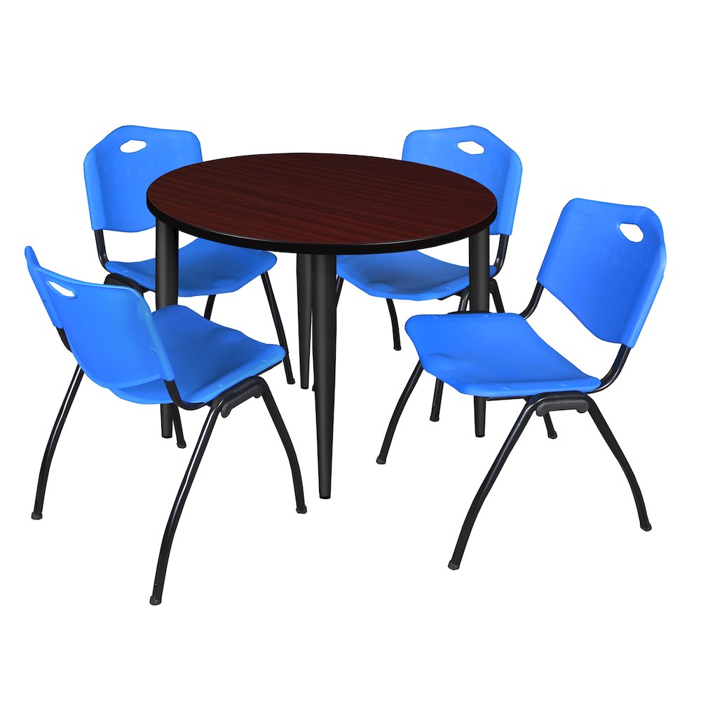 36 in. Round Breakroom Table- Mahogany Top, Black Base & 4 M Stack Chairs- Blue