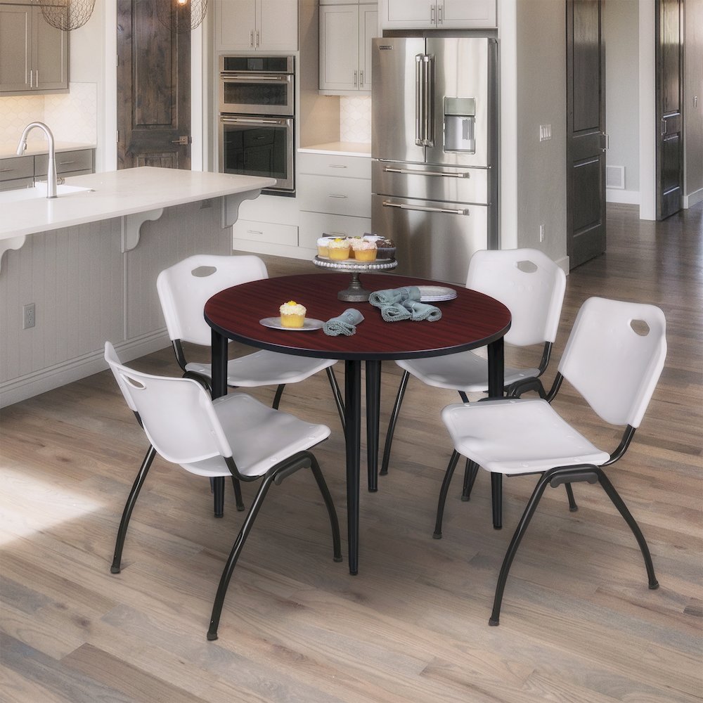 36 in. Round Breakroom Table- Mahogany Top, Black Tapered Legs