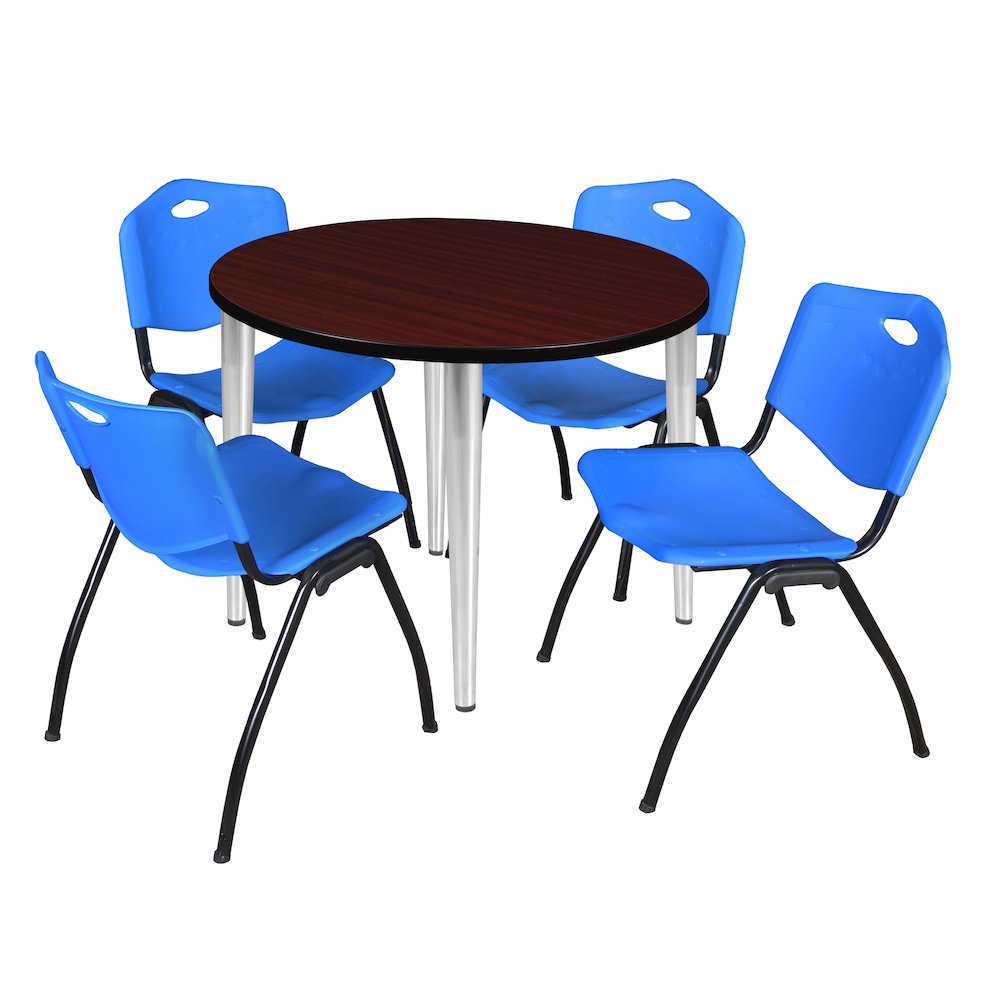 36 in. Round Breakroom Table- Mahogany Top, Chrome Base & 4 M Stack Chairs- Blue