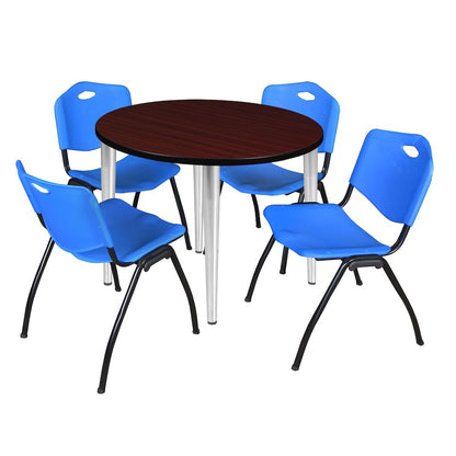 36 in. Round Breakroom Table- Mahogany Top, Chrome Base & 4 M Stack Chairs- Blue