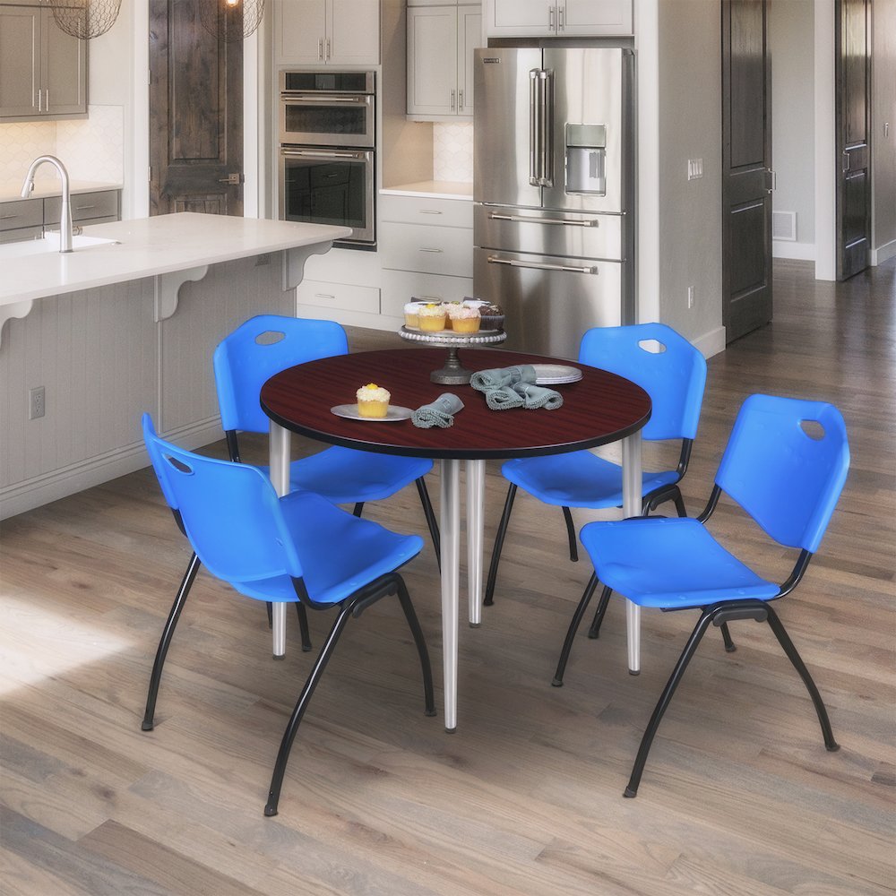 36 in. Round Breakroom Table- Mahogany Top, Chrome Base & 4 M Stack Chairs- Blue
