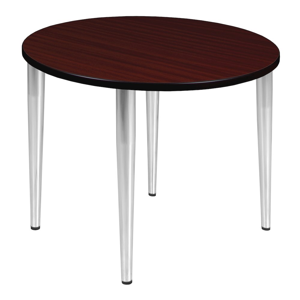 36 in. Round Breakroom Table- Mahogany Top, Chrome Tapered Legs