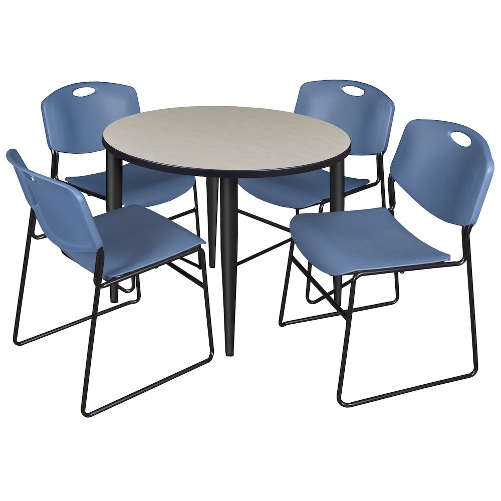 36 in. Round Breakroom Table- Maple Top, Black Base & 4 Zeng Stack Chairs- Blue