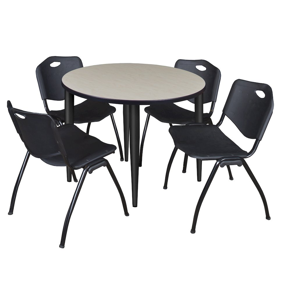36 in. Round Breakroom Table- Maple Top, Black Base & 4 M Stack Chairs- Black