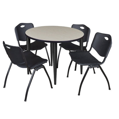 36 in. Round Breakroom Table- Maple Top, Black Base & 4 M Stack Chairs- Black