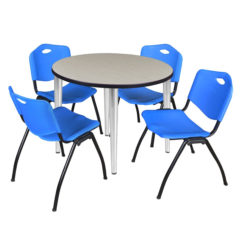 36 in. Round Breakroom Table- Maple Top, Chrome Base & 4 M Stack Chairs- Blue