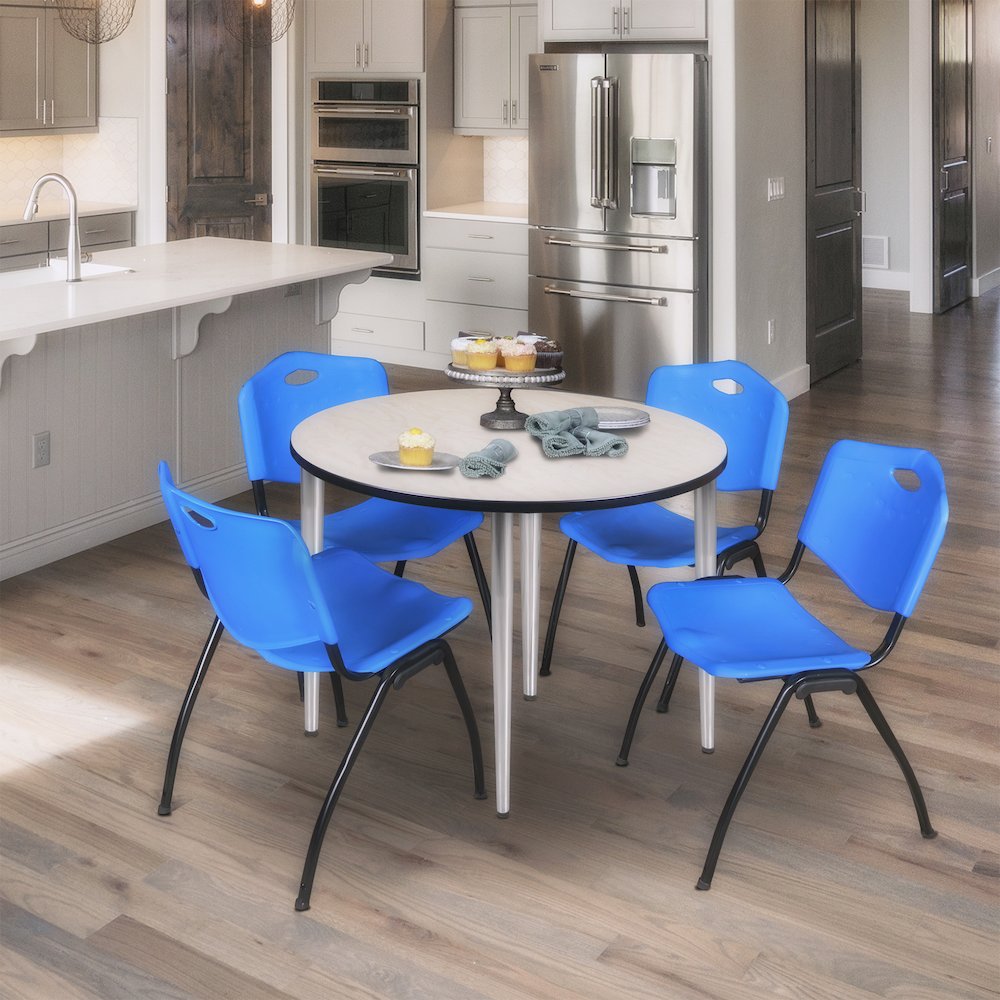 36 in. Round Breakroom Table- Maple Top, Chrome Base & 4 M Stack Chairs- Blue
