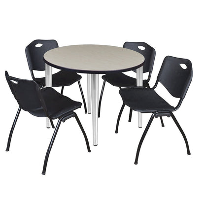 36 in. Round Breakroom Table- Maple Top, Chrome Base & 4 M Stack Chairs- Black