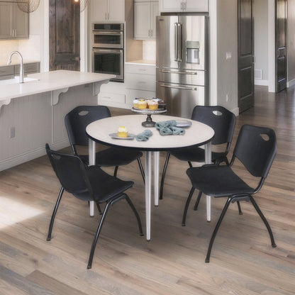 36 in. Round Breakroom Table- Maple Top, Chrome Base & 4 M Stack Chairs- Black