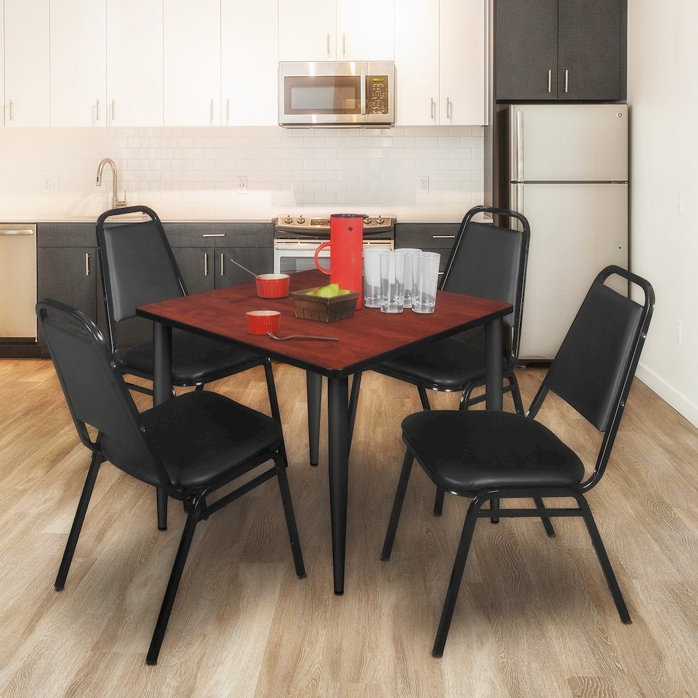42 Square Breakroom Table- Cherry Top, Black Base & 4 Stack Chairs- Black