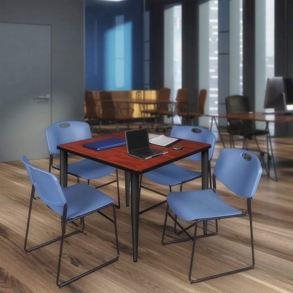42 Square Breakroom Table- Cherry Top, Black Base & 4 Zeng Stack Chairs- Blue