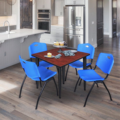 42 in. Square Breakroom Table- Cherry Top, Black Base & 4 M Stack Chairs- Blue