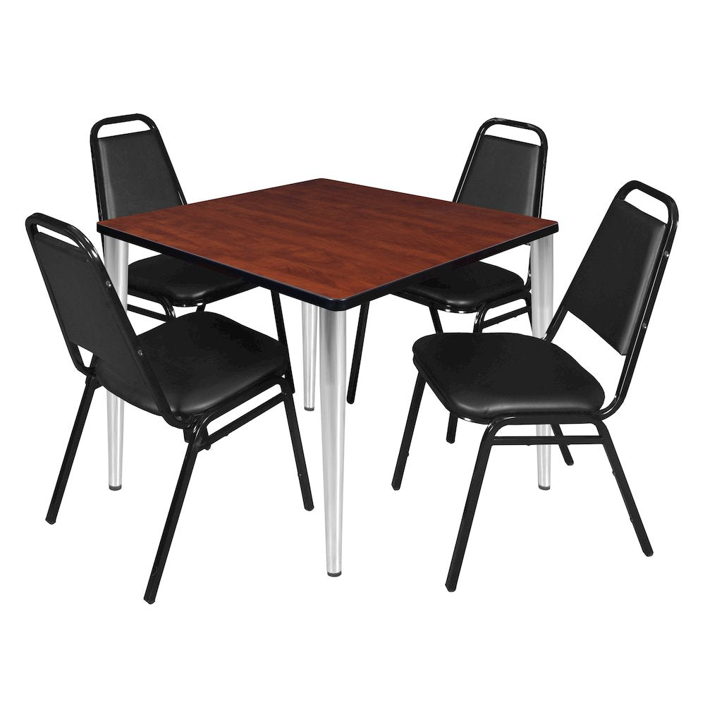 42 Square Breakroom Table- Cherry Top, Chrome Base & 4 Stack Chairs- Black