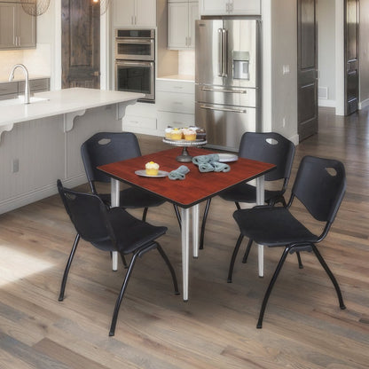 42 in. Square Breakroom Table- Cherry Top, Chrome Base & 4 M Stack Chairs- Black
