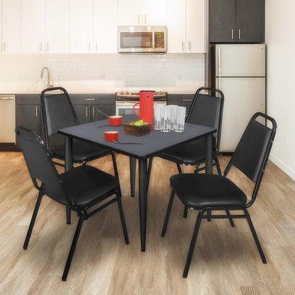42 Square Breakroom Table- Grey Top, Black Base & 4 Stack Chairs- Black