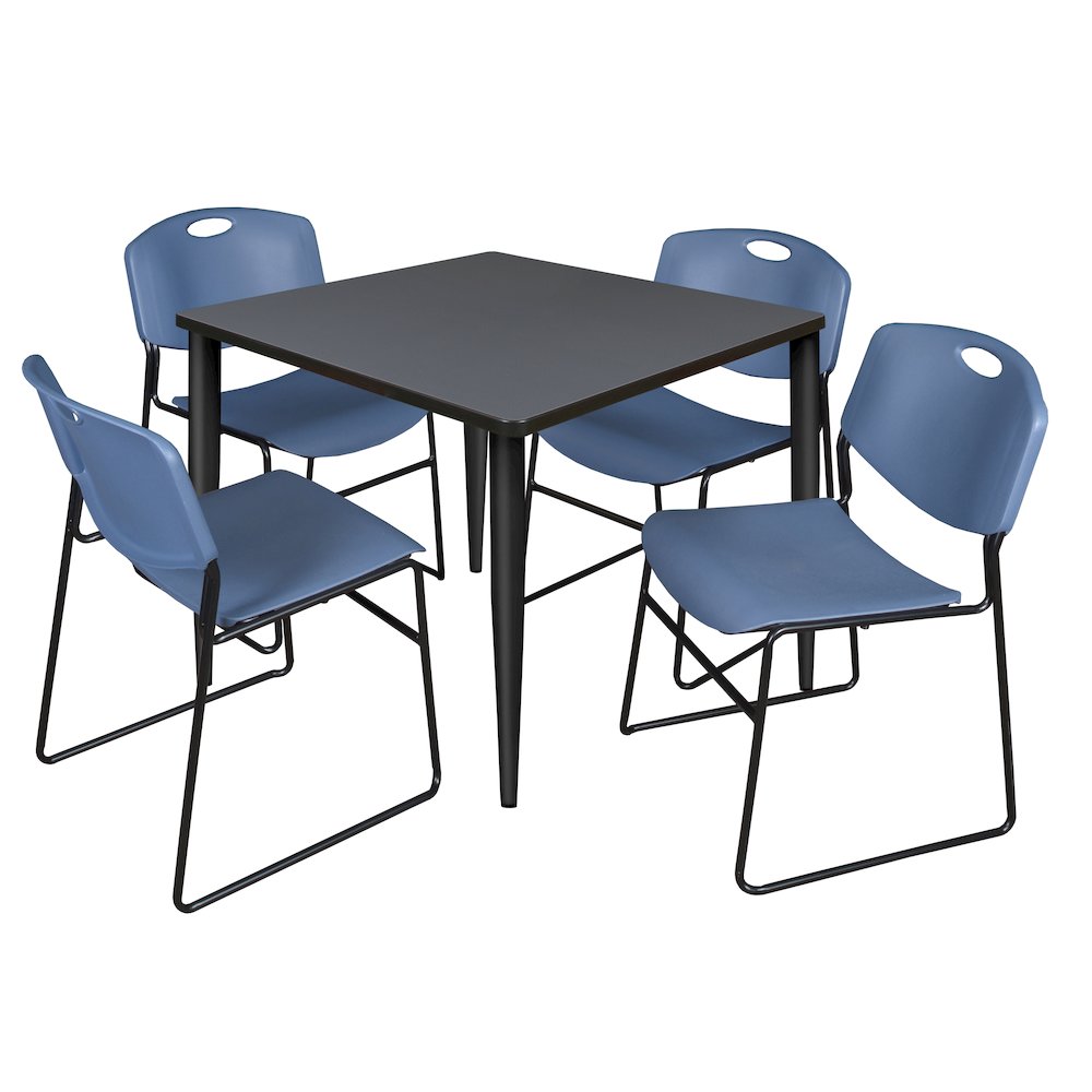 42 in. Square Breakroom Table- Grey Top, Black Base & 4 Zeng Stack Chairs- Blue