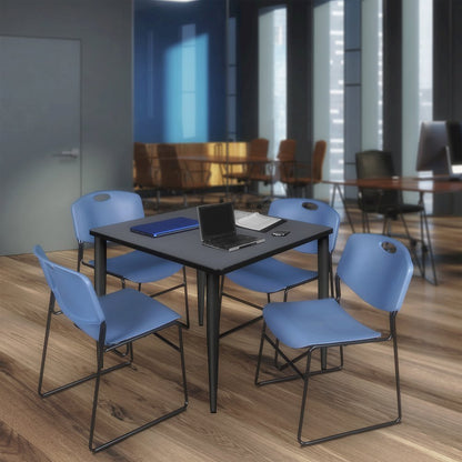 42 in. Square Breakroom Table- Grey Top, Black Base & 4 Zeng Stack Chairs- Blue