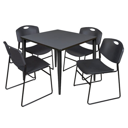 42 in. Square Breakroom Table- Grey Top, Black Base & 4 Zeng Stack Chairs- Black
