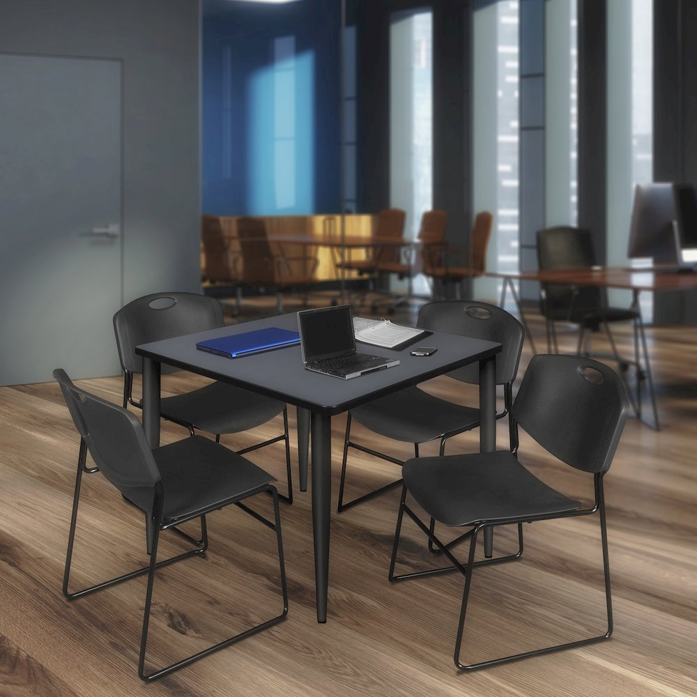 42 in. Square Breakroom Table- Grey Top, Black Base & 4 Zeng Stack Chairs- Black