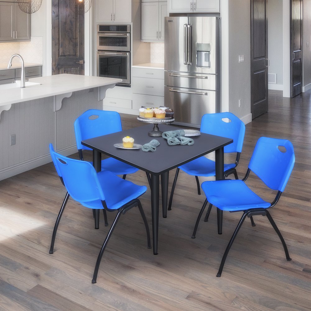 42 in. Square Breakroom Table- Grey Top, Black Base & 4 M Stack Chairs- Blue