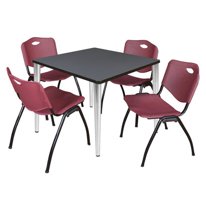 42 Square Breakroom Table- Grey Top, Chrome Base & 4 M Stack Chairs- Burgundy