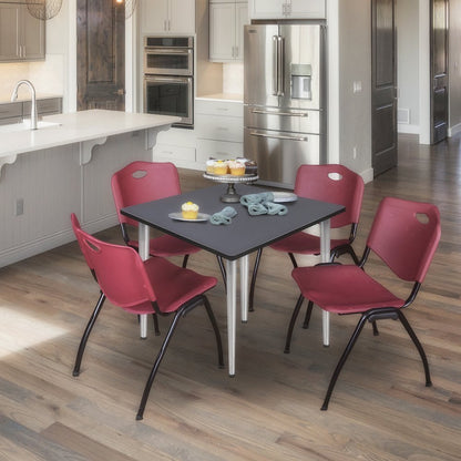 42 Square Breakroom Table- Grey Top, Chrome Base & 4 M Stack Chairs- Burgundy