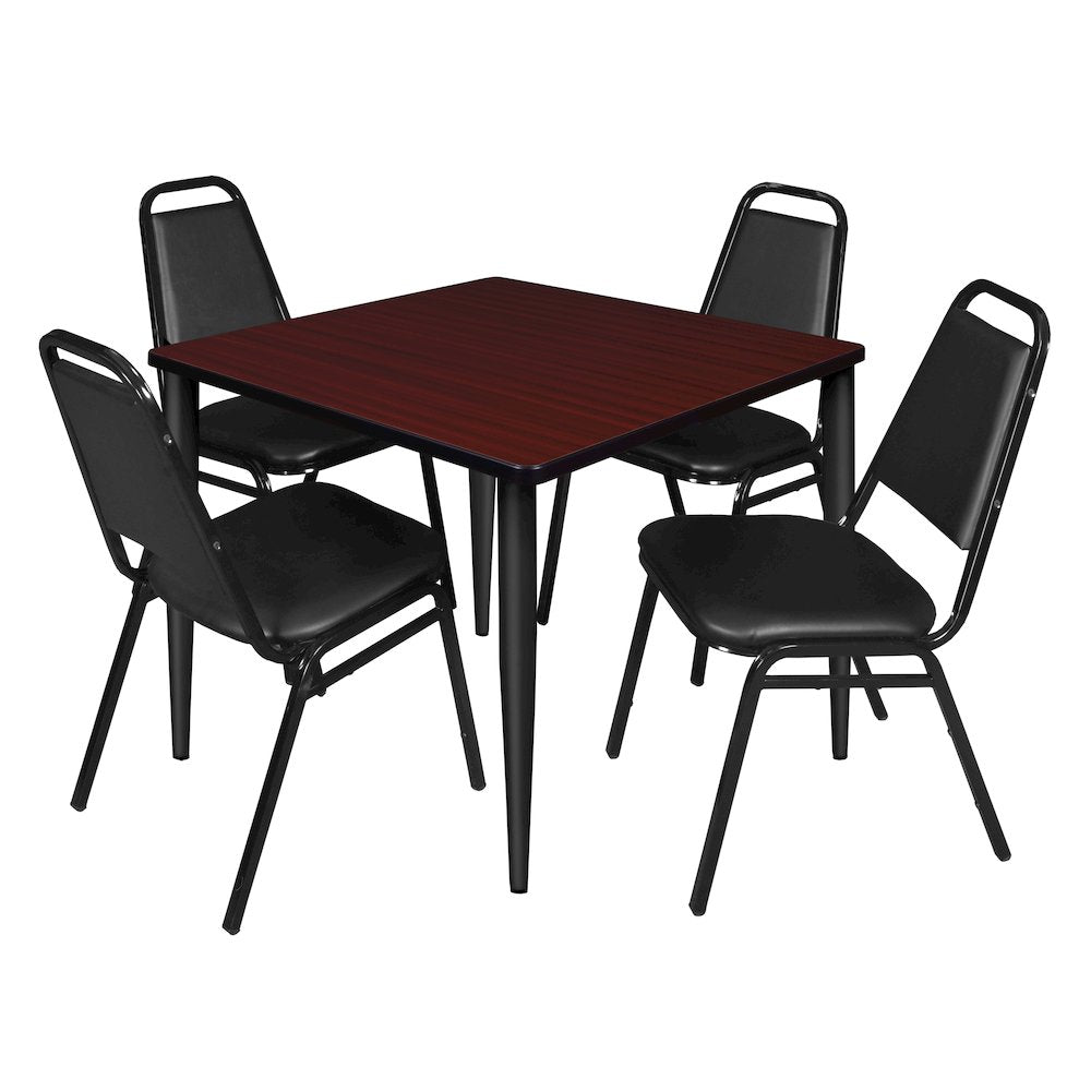 42 Square Breakroom Table- Mahogany Top, Black Base & 4 Stack Chairs- Black