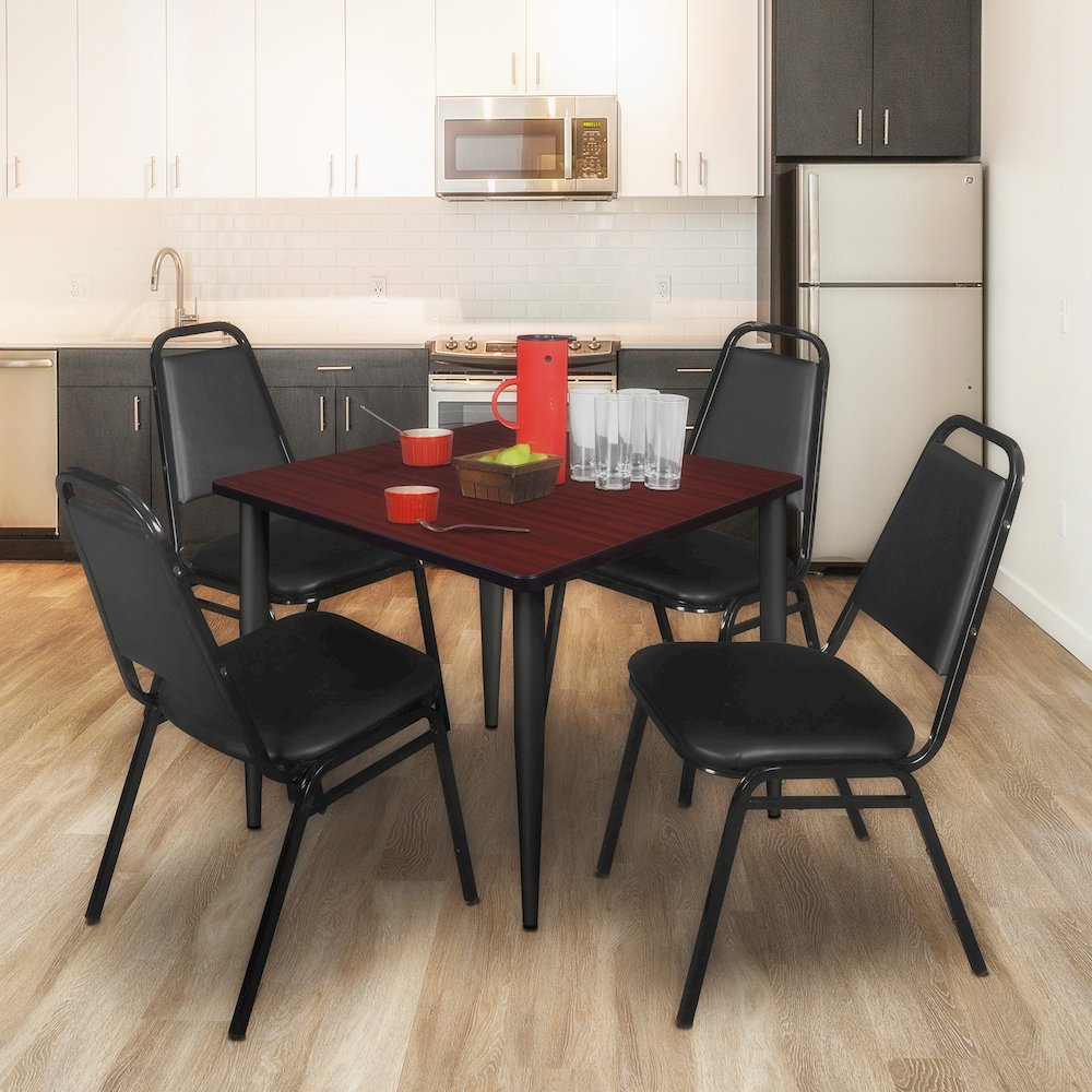 42 Square Breakroom Table- Mahogany Top, Black Base & 4 Stack Chairs- Black