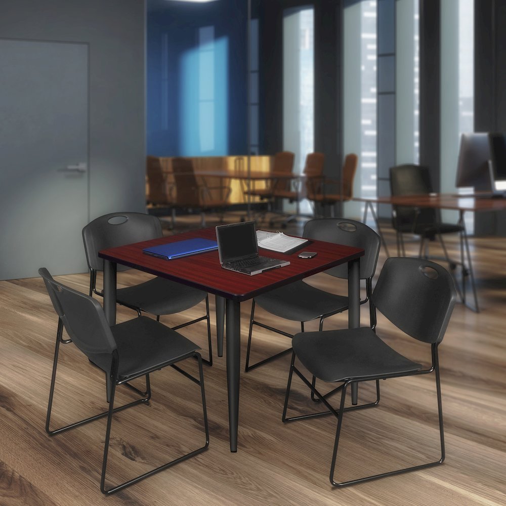 42 Square Breakroom Table- Mahogany Top, Black Base & 4 Zeng Stack Chairs- Black