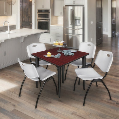 42 in. Square Breakroom Table- Mahogany Top, Black Base & 4 M Stack Chairs- Grey