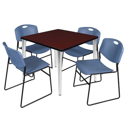 42 Square Breakroom Table- Mahogany Top, Chrome Base & 4 Zeng Stack Chairs- Blue