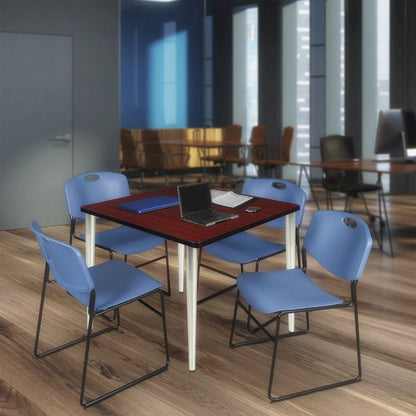 42 Square Breakroom Table- Mahogany Top, Chrome Base & 4 Zeng Stack Chairs- Blue