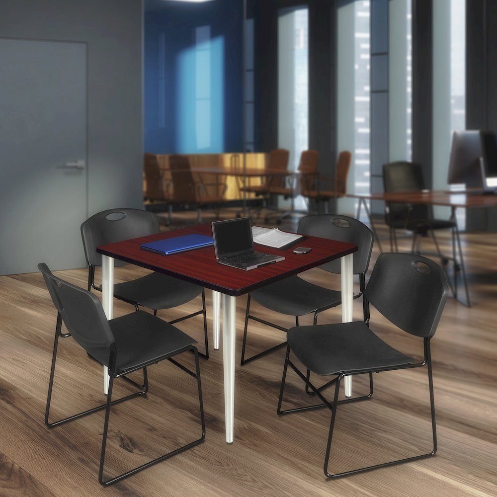 42 Square Breakroom Table- Mahogany Top, Chrome Base & 4 Stack Chairs- Black
