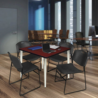 42 Square Breakroom Table- Mahogany Top, Chrome Base & 4 Stack Chairs- Black