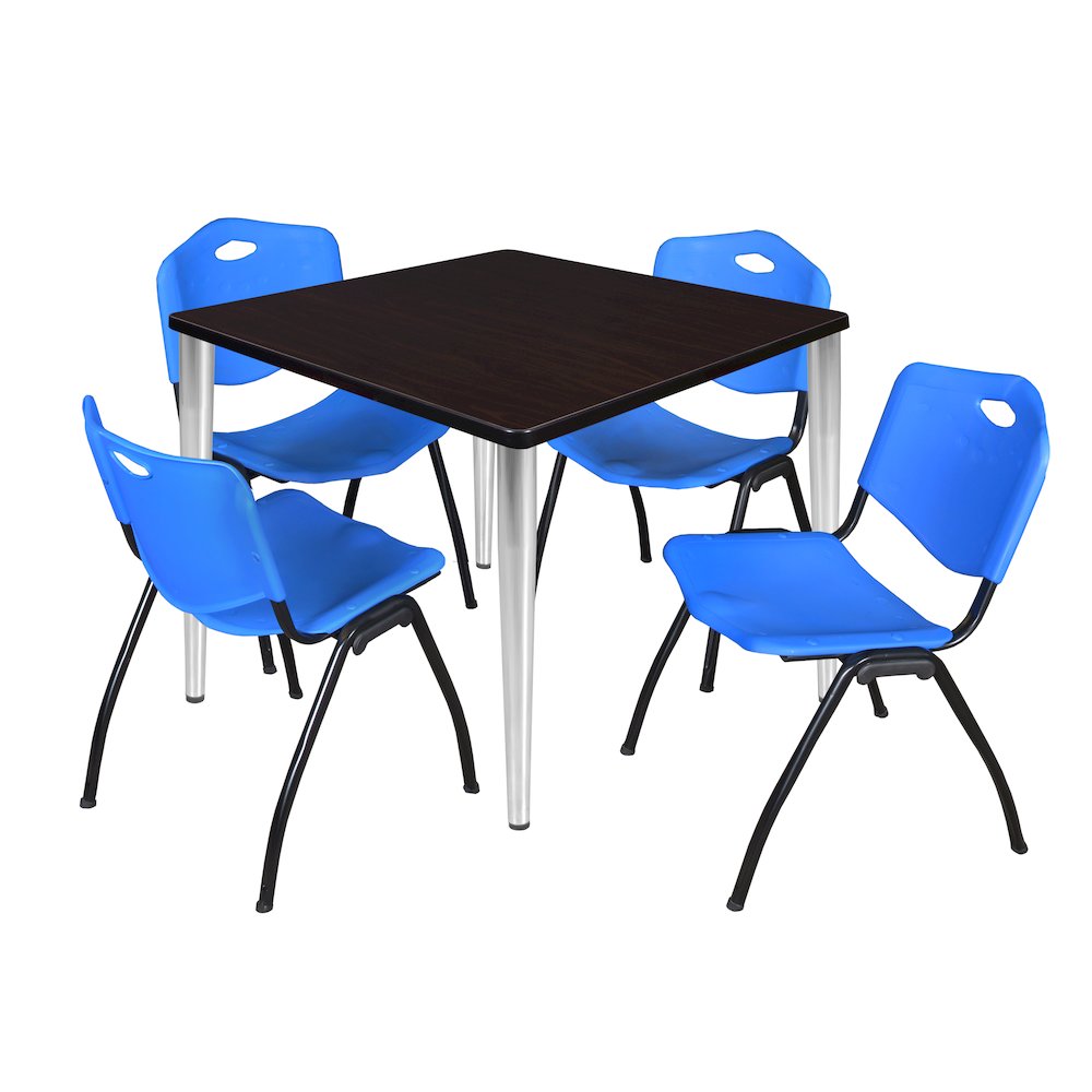 42 Square Breakroom Table- Mahogany Top, Chrome Base & 4 M Stack Chairs- Blue