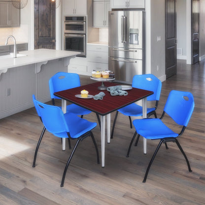 42 Square Breakroom Table- Mahogany Top, Chrome Base & 4 M Stack Chairs- Blue