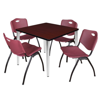 42 Square Breakroom Table- Mahogany Top, Chrome Base, 4 M Stack Chairs- Burgundy