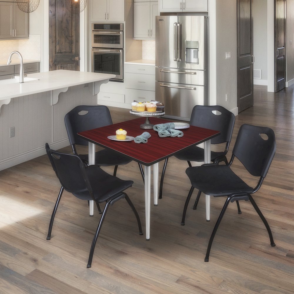 42 in. Square Breakroom Table- Mahogany Top, Chrome Tapered Legs