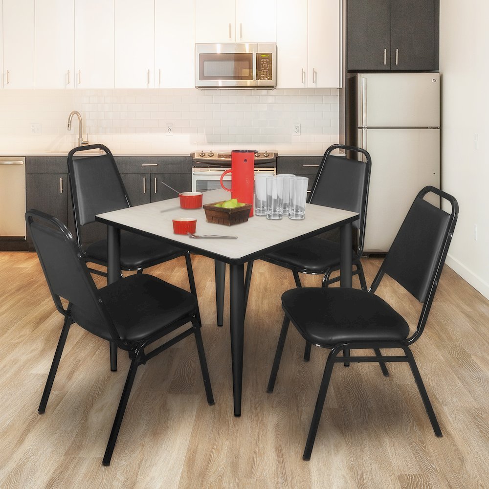 42 Square Breakroom Table- Maple Top, Black Base & 4 Stack Chairs- Black